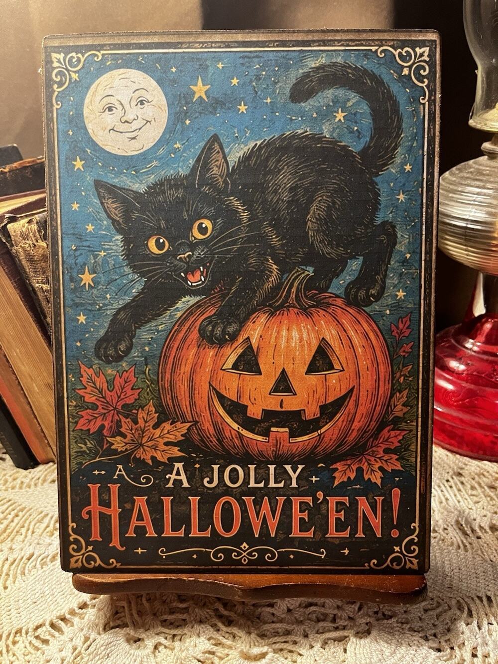 A Jolly Halloween, Black Cat, Pumpkin, Retro Handcrafted Plaque